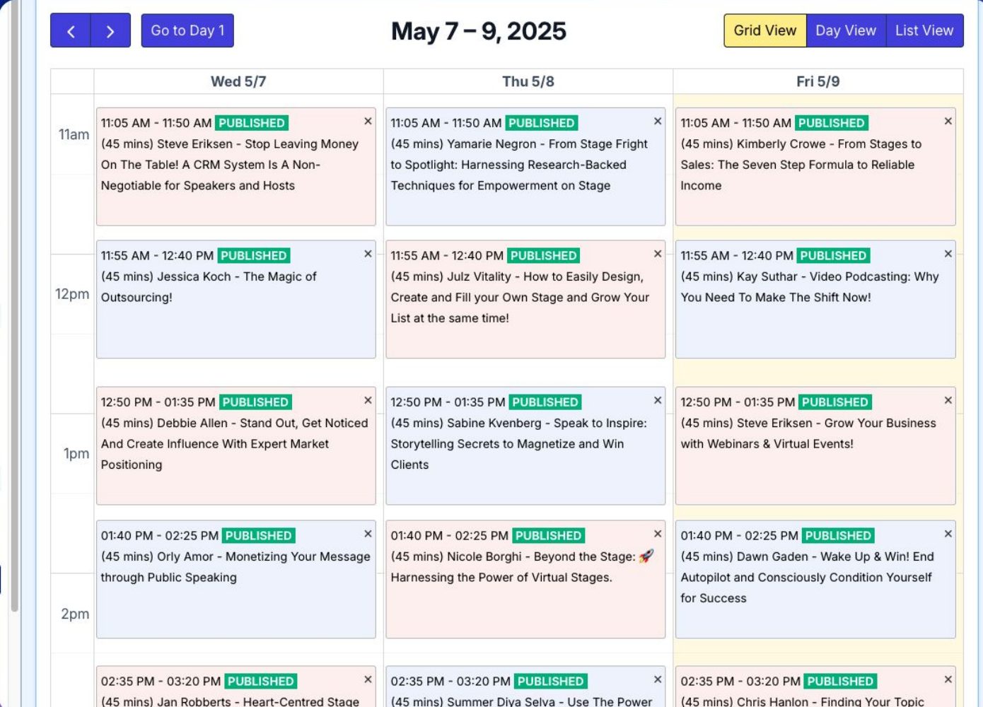 EventRaptor agenda grid showing three days of published summit sessions