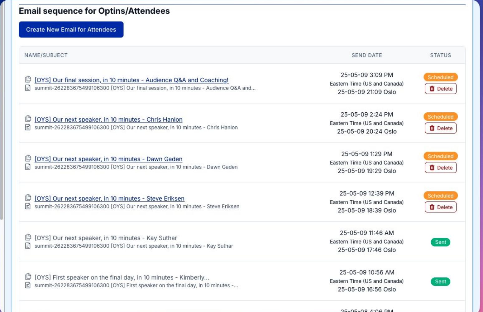 EventRaptor list of scheduled reminder emails for attendees