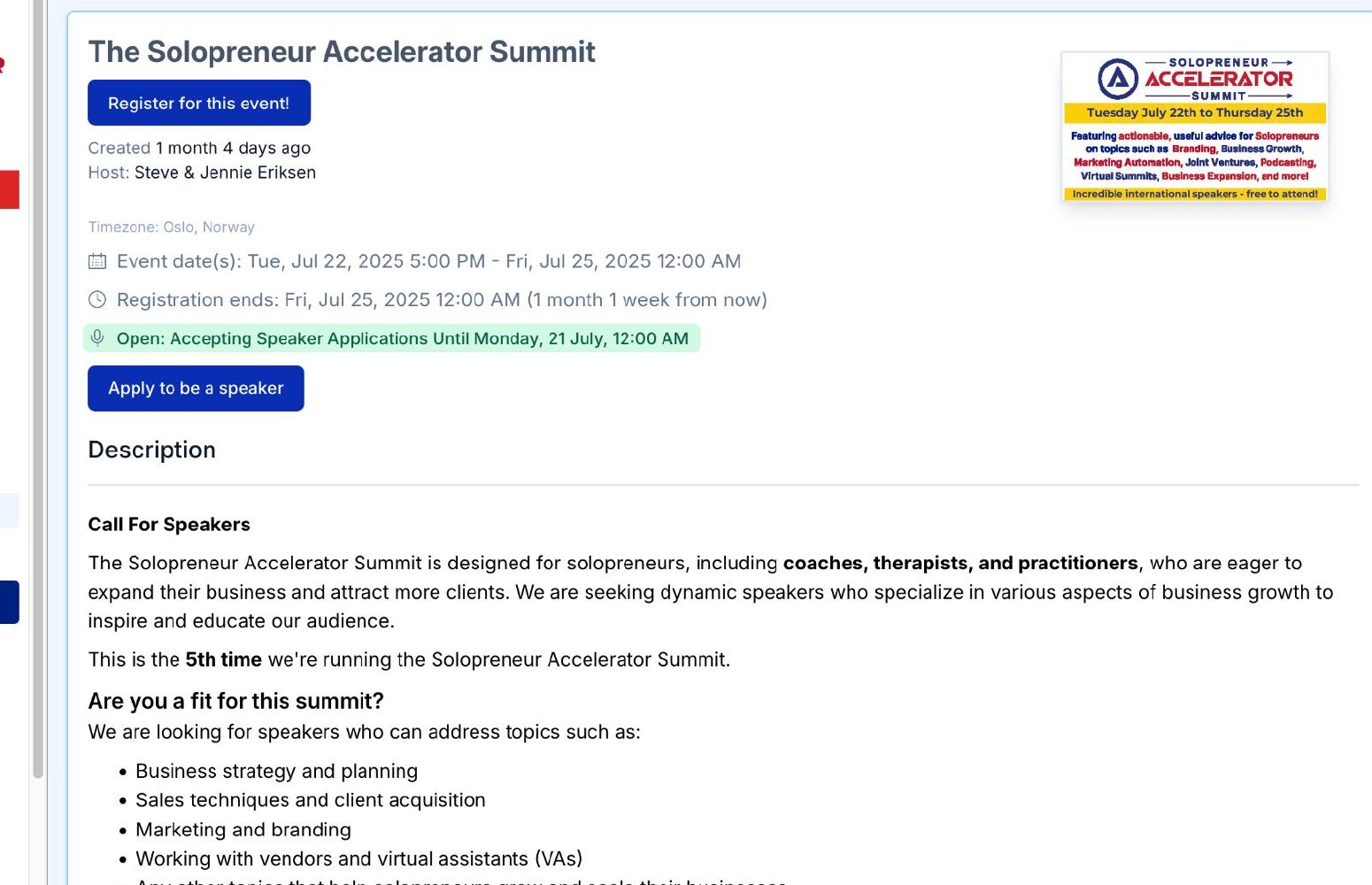 EventRaptor event page for the Solopreneur Accelerator Summit, open for speaker applications
