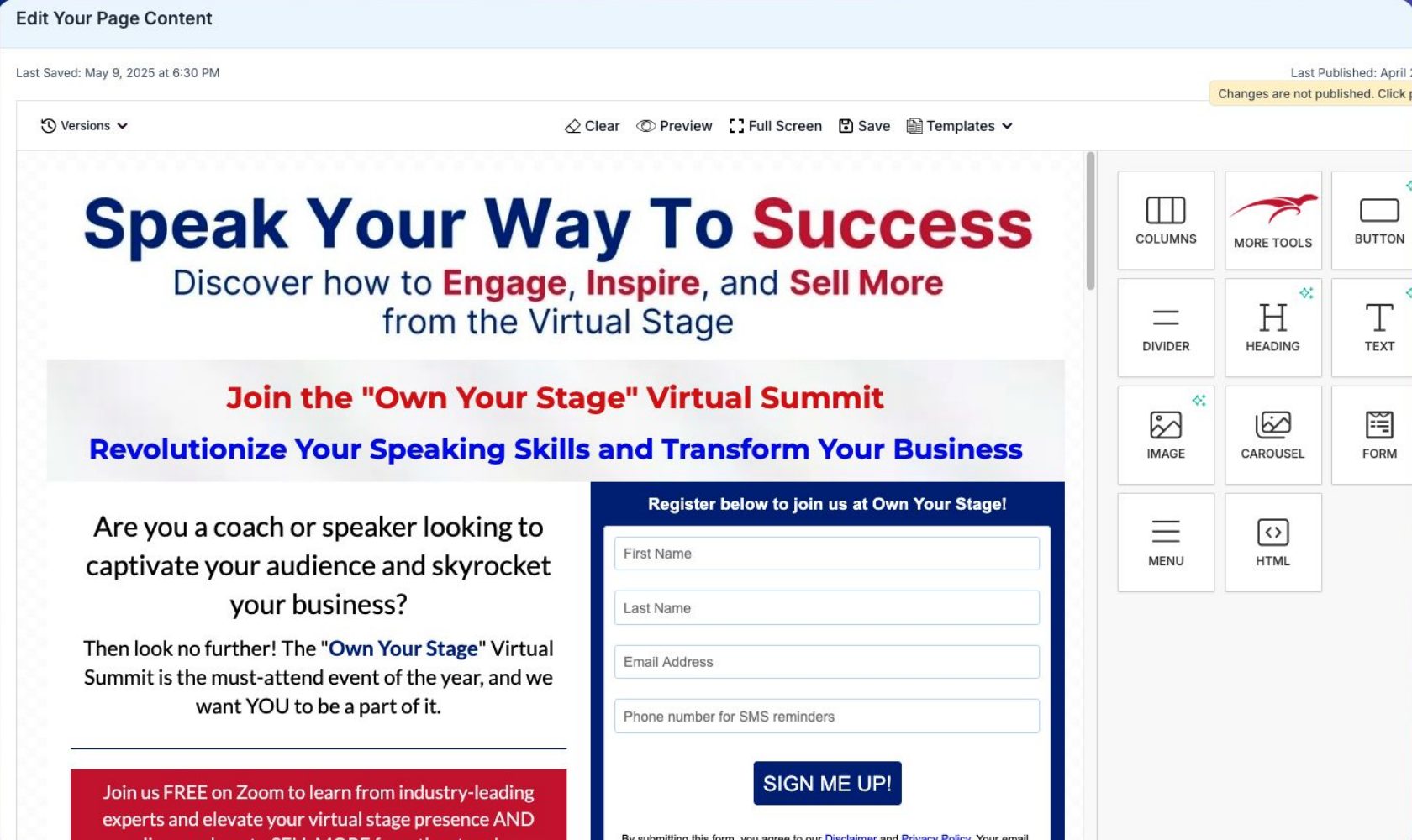 EventRaptor page editor with a summit registration page